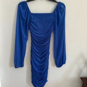 Blue Mesh Long Sleeve Square Neck Ruched Bodycon Mini Dress, Size XS